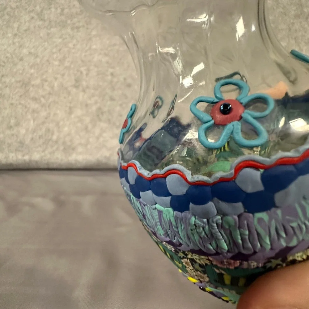 Handmade Polymer Clay Overlay Vase Small Multicolor Floral Bee Art Glass